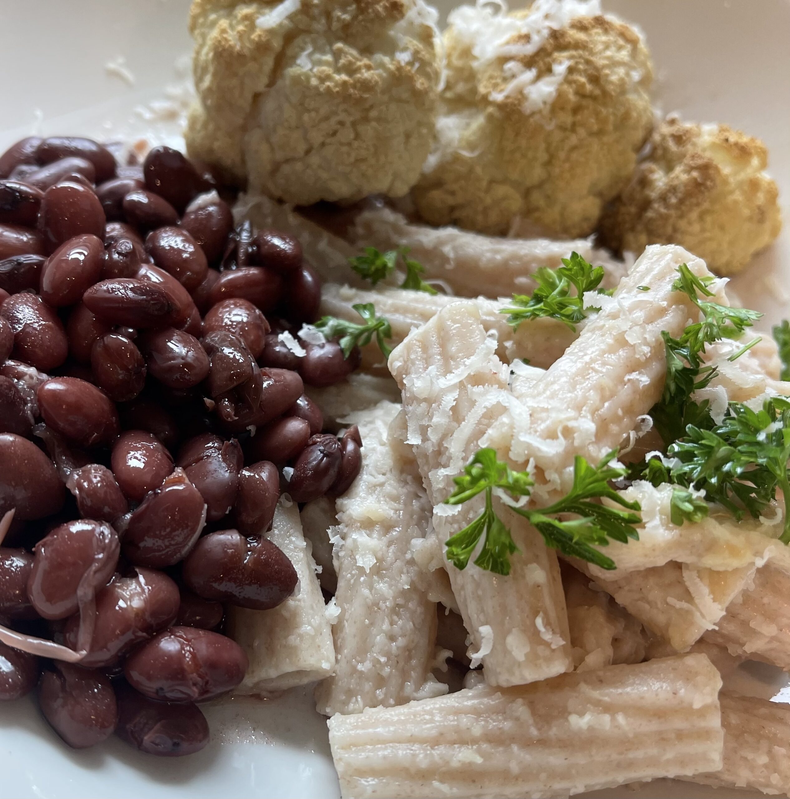 Farro wheat pasta, red beans, cauliflower